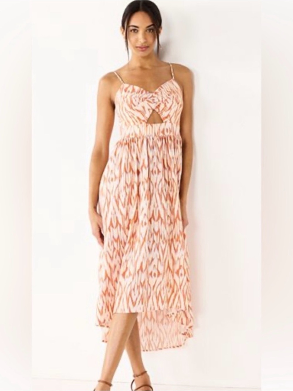 Nine West Spaghetti-Strap Cutout Maxi Dress in Peach Ikat